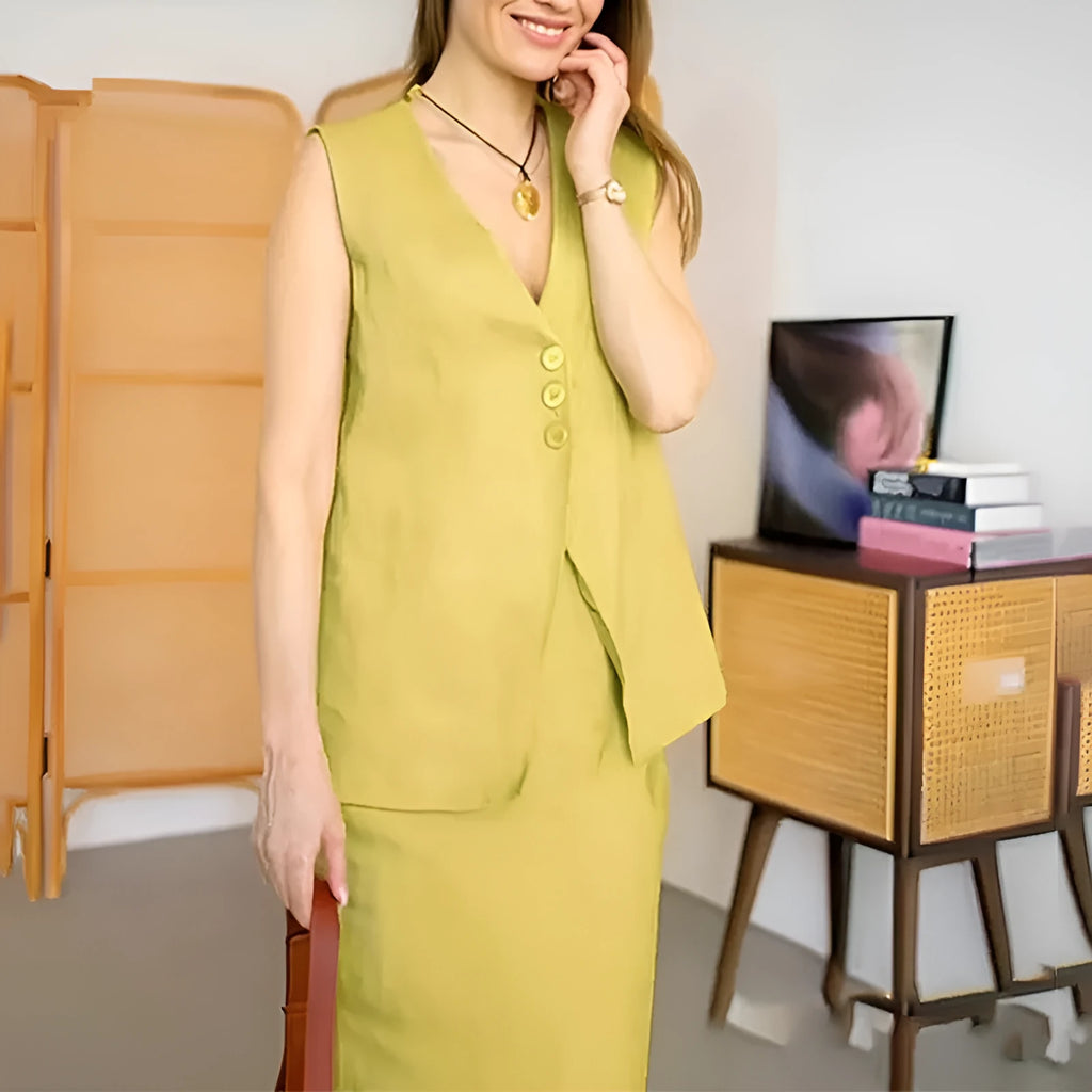 Women's blue casual two-piece set with sleeveless vest top and long skirt on hanger