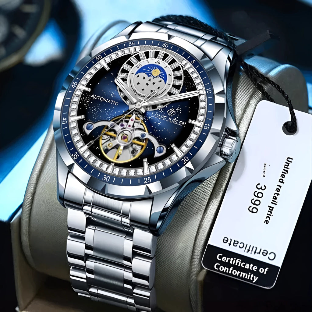 Men's silver alloy automatic watch with blue dial on a stainless steel strap featuring a butterfly clasp