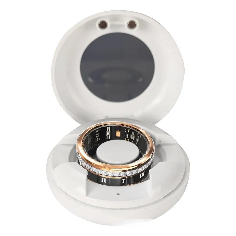 Gold and silver diamond inlaid smart ring for health monitoring on a finger.