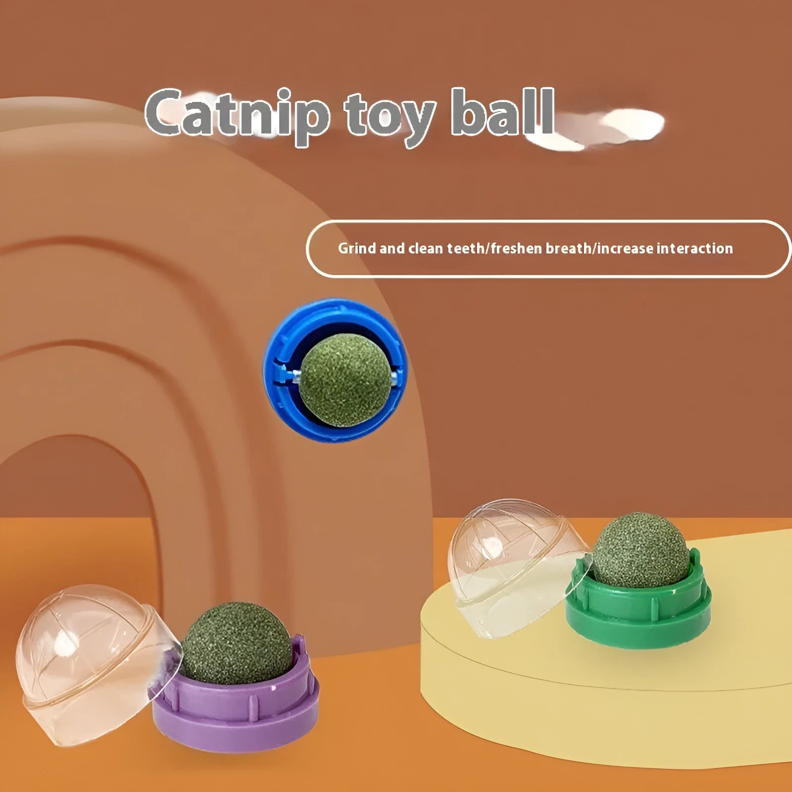 Plastic catnip ball toy with textured teeth cleaning surface in various colours