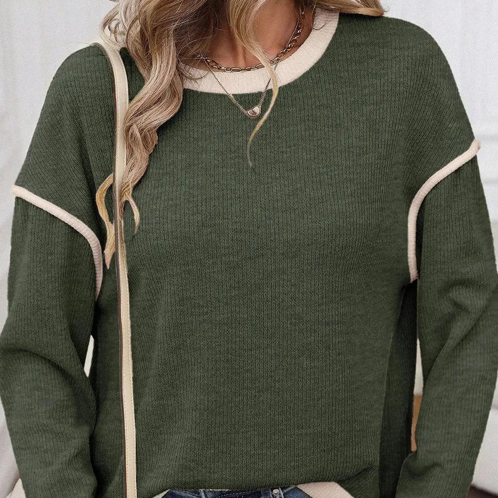 Women's loose knit top with drop shoulders and four leaf clover contrast trim in polyester fabric