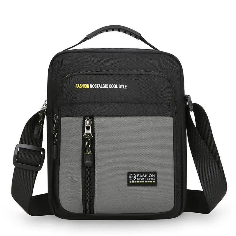 Men's casual outdoor nylon messenger bag in crossbody style with visible sewing details
