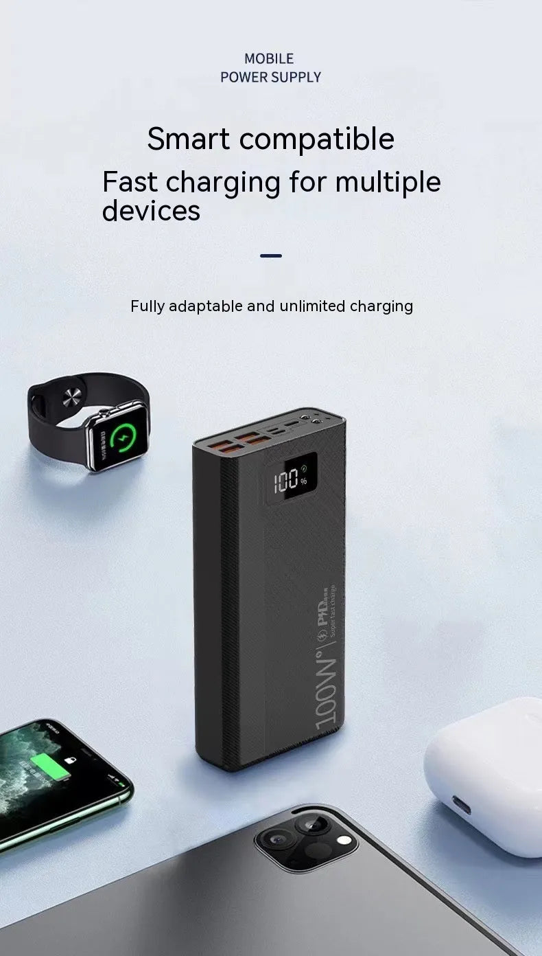 Large black and white plastic power bank showing front view with capacity options from 20000mAh to 50000mAh.