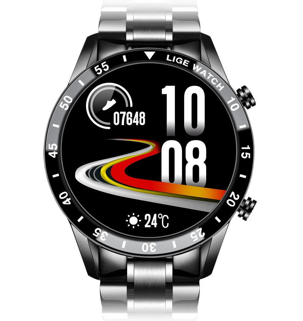 Stainless steel smart watch with 1.3 inch touchscreen display showing step count on black or silver wristband