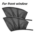 Set of grey non-woven fabric car side window sunshades with elastic edges on a car window.