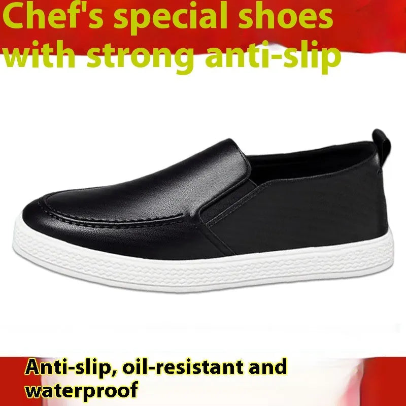 Men's slip-on kitchen working shoes with black with white bottom colour, artificial pu upper, round toe, flat heel