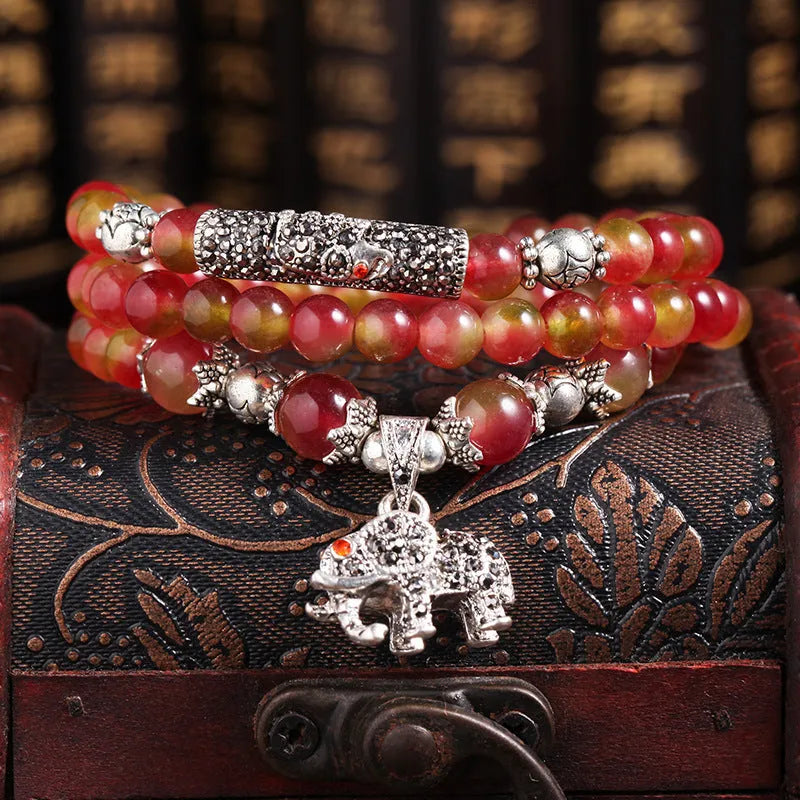 Natural watermelon crystal bracelet with Chinese knot design in 6mm and 8mm bead sizes