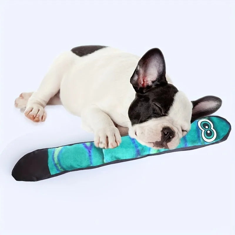 Plush snake dog squeaky toy with printed stripes in blue, green and rainbow colours