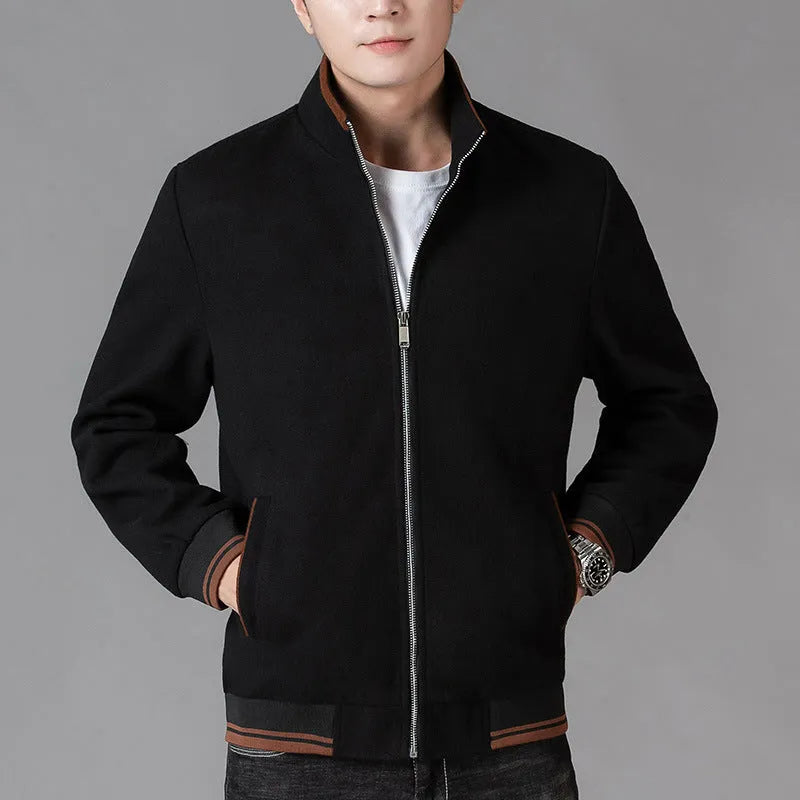 Men's grey polyester fleece autumn jacket with long sleeves and a stick pocket.