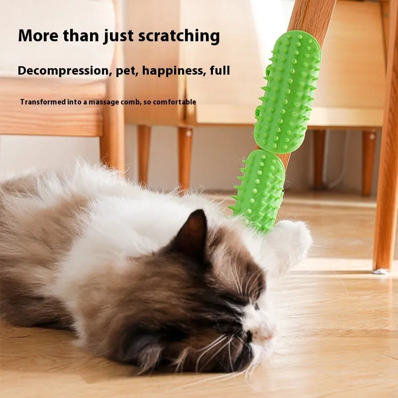 Silicone cat grooming brush mounted on table leg with adjustable strap, available in four colours