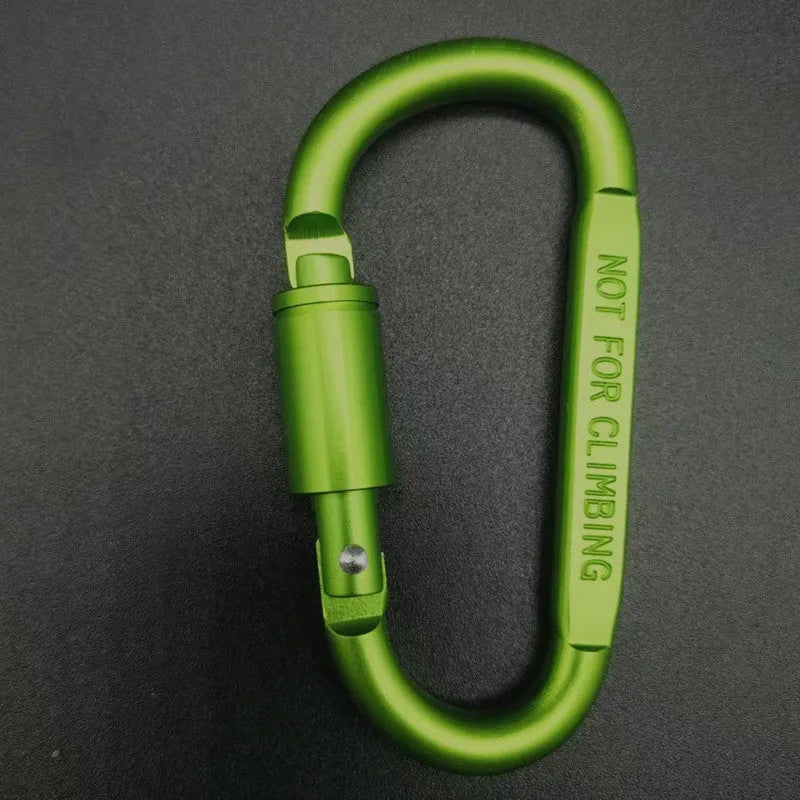 D-type aluminium carabiner with lock mechanism in bright colours measuring 8cm