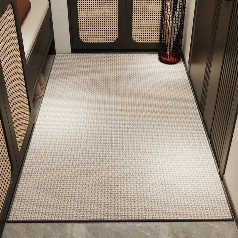 Linen door mat 60x90cm in solid colour with interlacing gray pattern on tiled floor