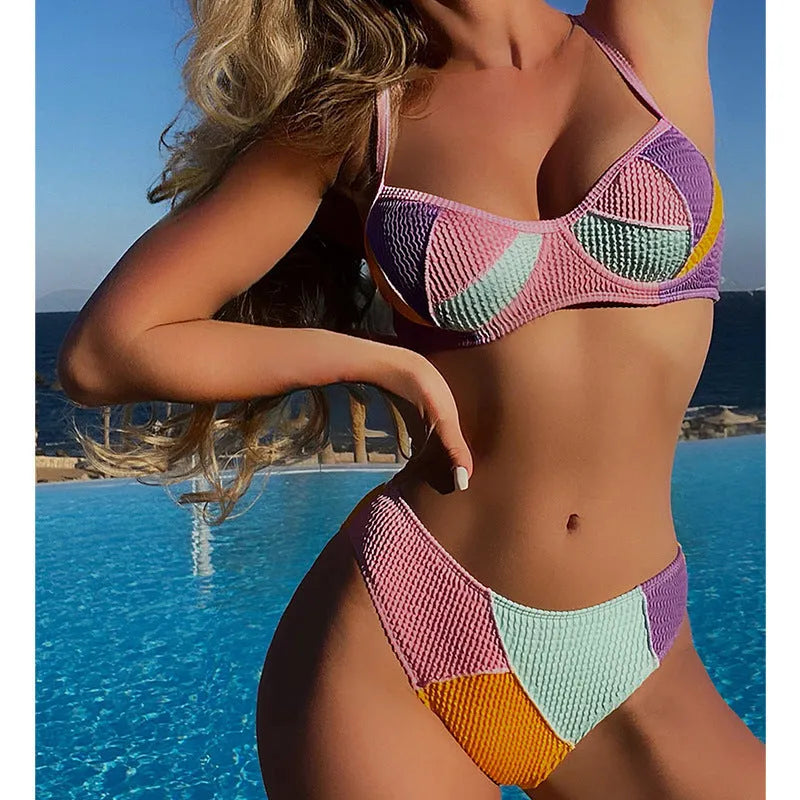 Ladies steel bracket push-up bikini set with polyester fabric and matching shorts