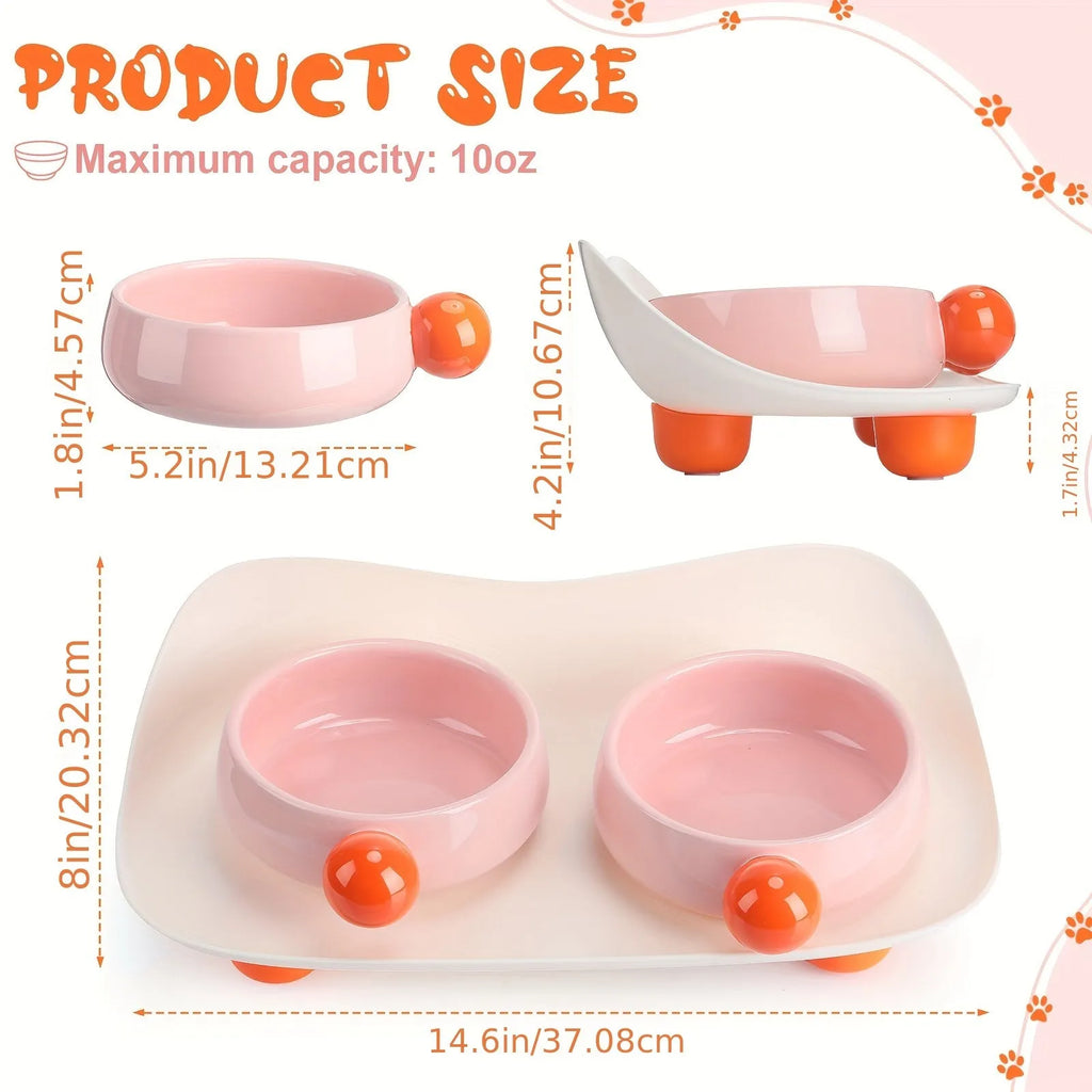 Elevated ceramic double bowl set for pets in pink, yellow or pink yellow with non-slip base