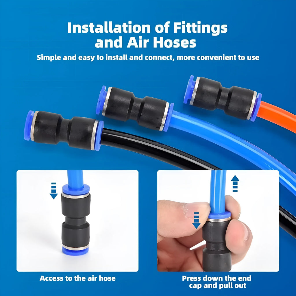 60-piece pneumatic push-in connector set for R1/4 and R1/2 air hose connections