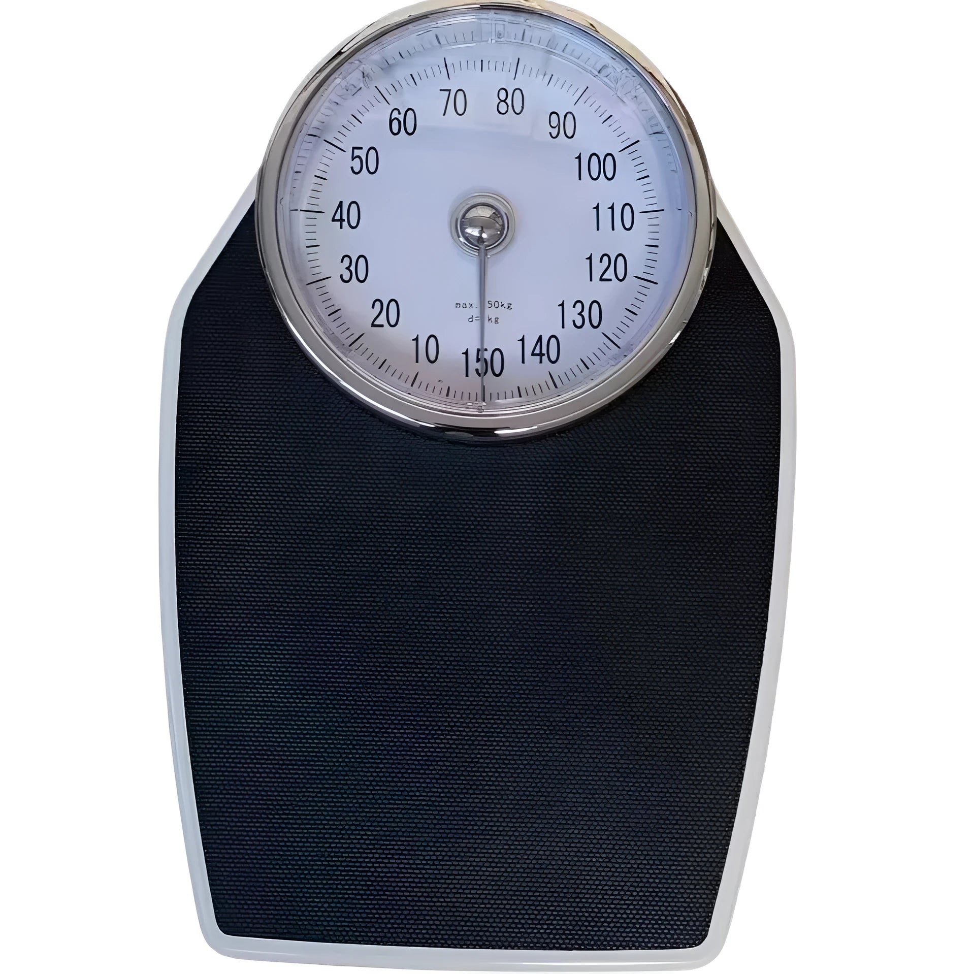 Black mechanical bathroom scale with large analogue dial showing weight measurements