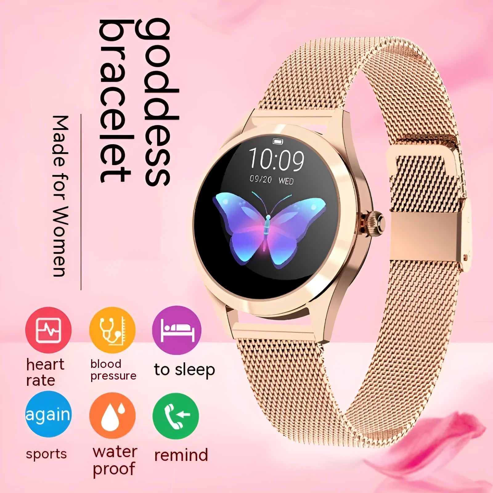 Women's sports smartwatch in black, rose gold, silver, or white with heart rate monitoring display