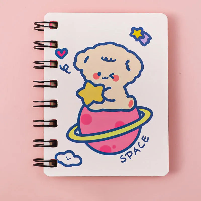 Astronaut-themed portable pocket flipper notebook showing 10.5x8cm size and cover design options