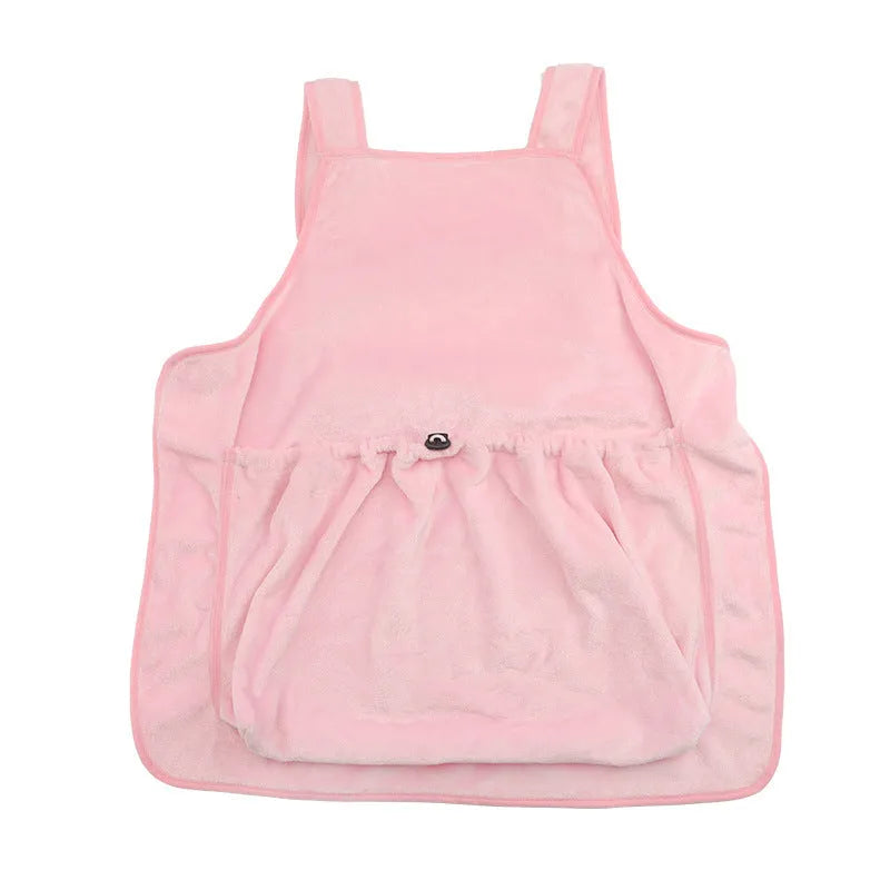 Plush pet carrier apron for small cats and dogs showing adjustable neck strap and pet opening