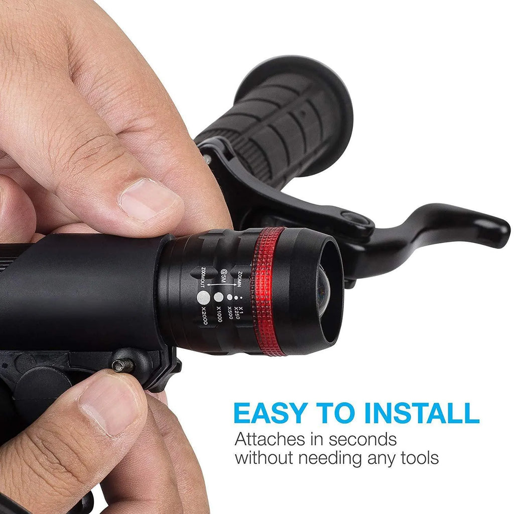 Bicycle headlight and taillight set with handlebar mounting bracket on a black background.