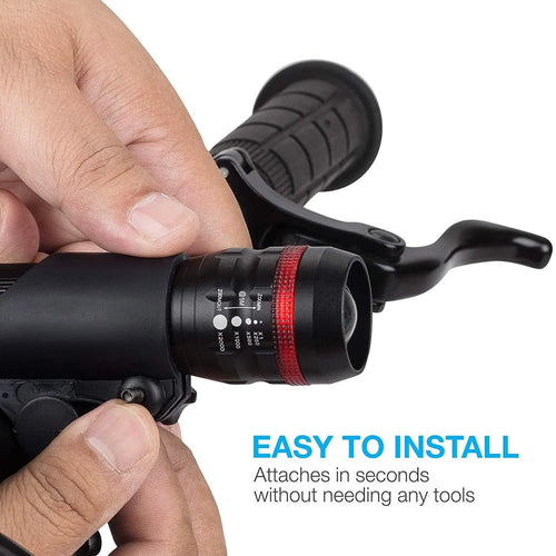 Bicycle headlight and taillight set with handlebar mounting bracket on a black background.