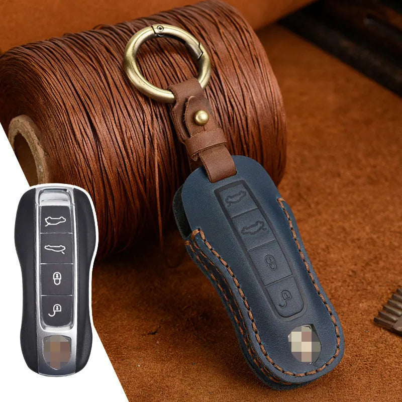 Porsche leather key case in retro style for 3 or 4 keys in blue or brown