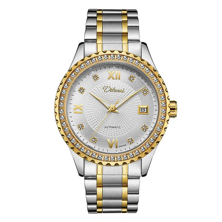 Men's gold or silver automatic mechanical watch with luminous hands, waterproof design, and black or white dial.