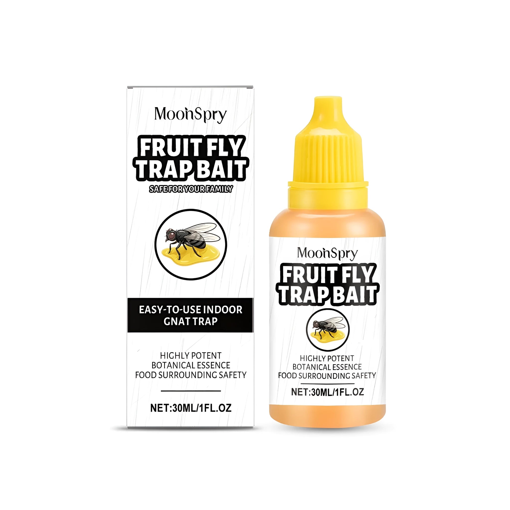 30ml bottle of clear fruit fly trap bait liquid with labelling