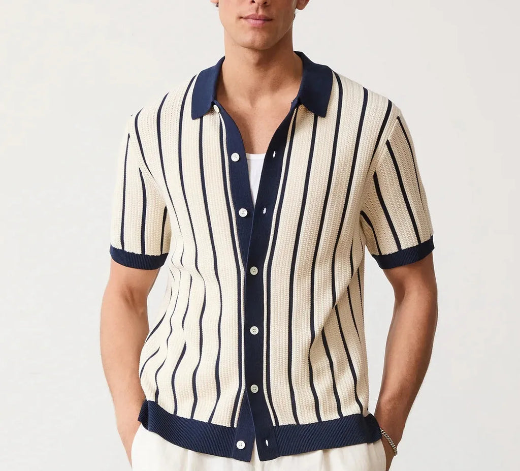 Men's white lapel knitted polo shirt with asymmetric design and short sleeves