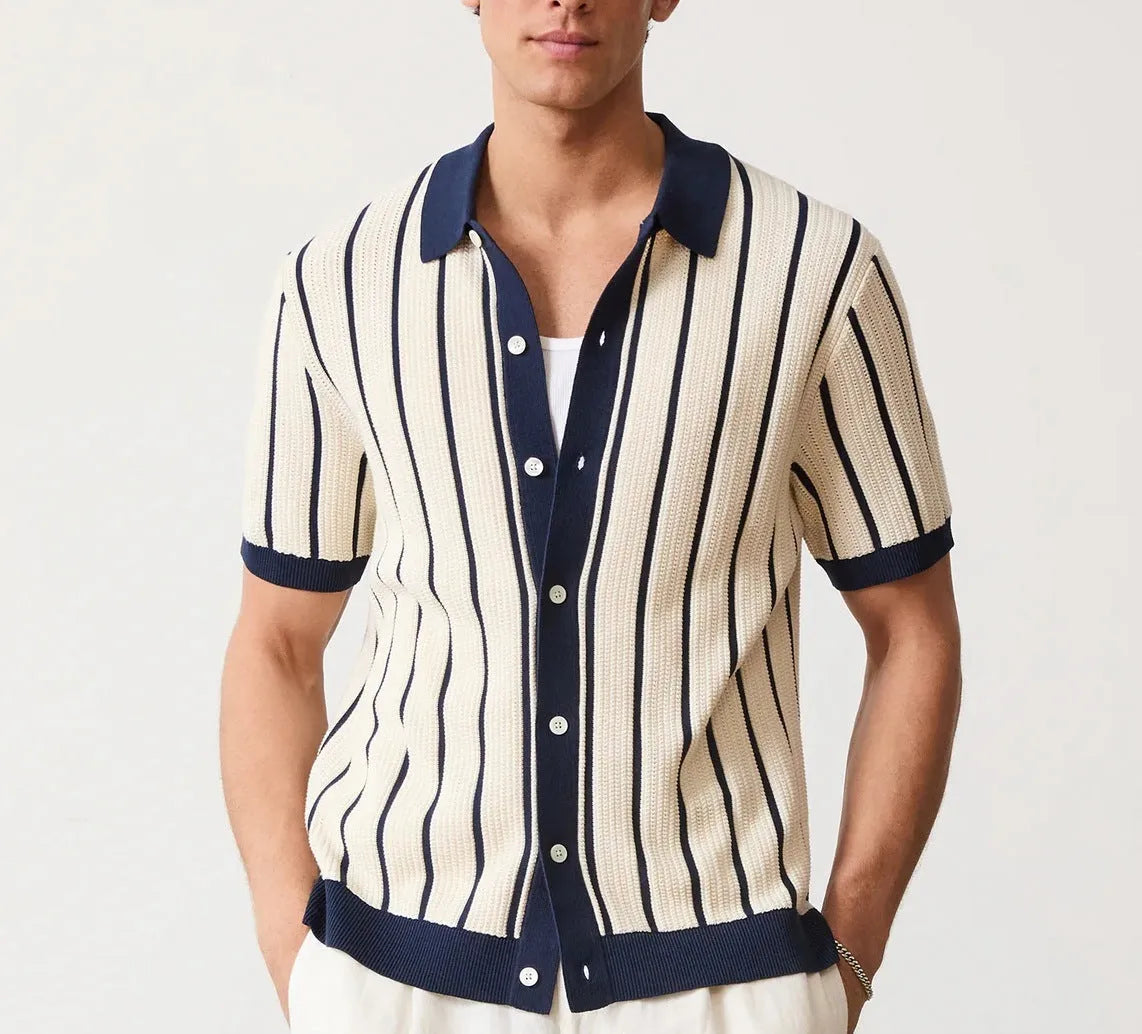 Men's white lapel knitted polo shirt with asymmetric design and short sleeves