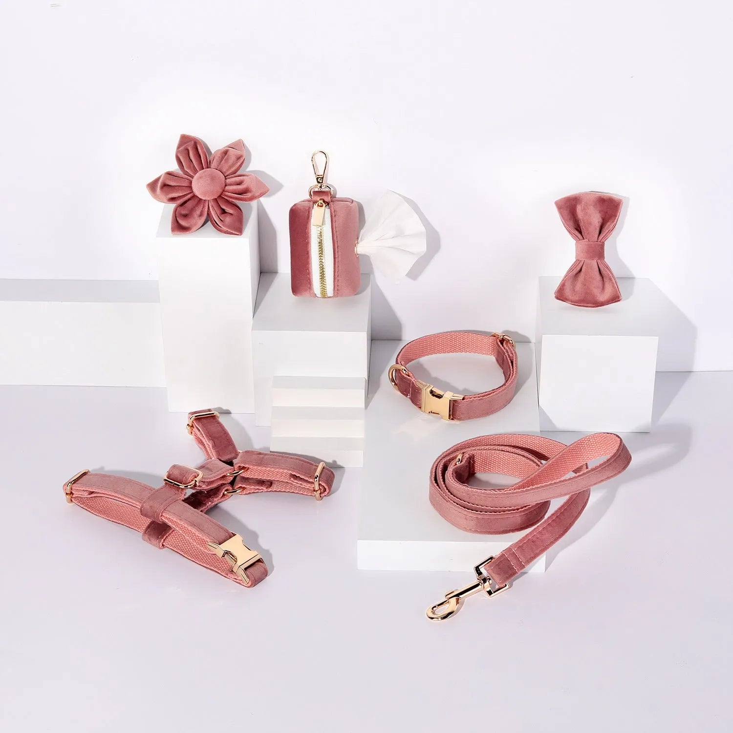 Classic velvet dog collar and matching lead set with chest strap, bow tie, and flower accessory in assorted colours.