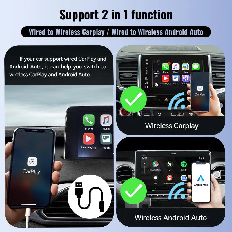 Black USB wireless CarPlay adapter with compact dimensions for vehicle dashboard installation