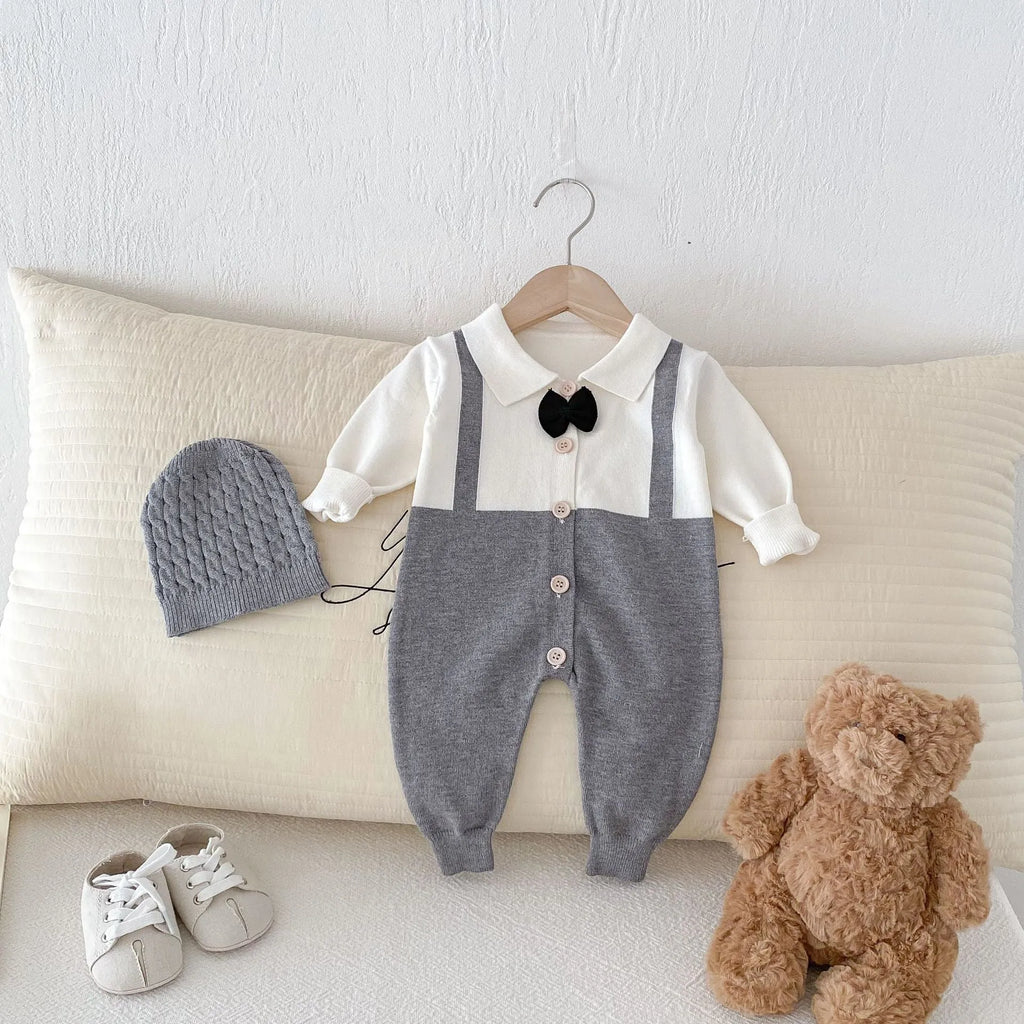 Infant lapel gentleman tie false two-piece suit in grey, brown, black, core-spun yarn fabric, long sleeve unisex baby romper for 66-90cm height