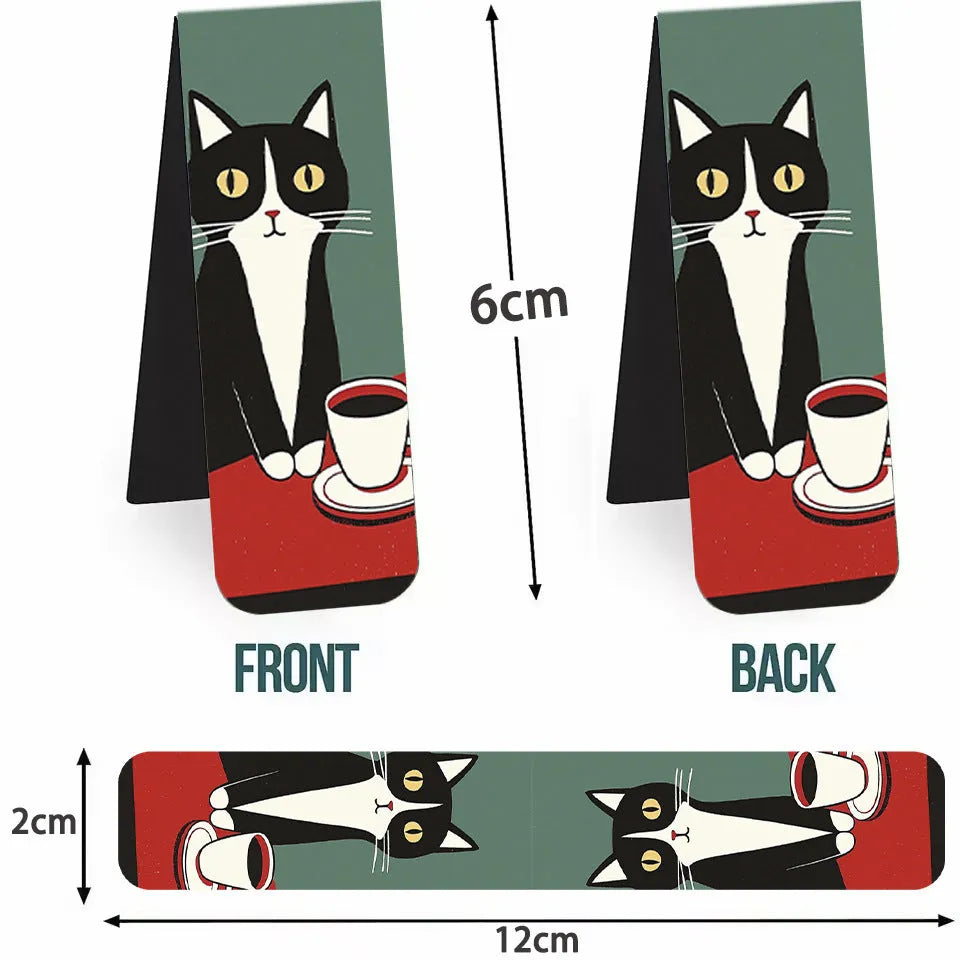Set of 5 magnetic bookmarks with simple cute cat designs on a book page