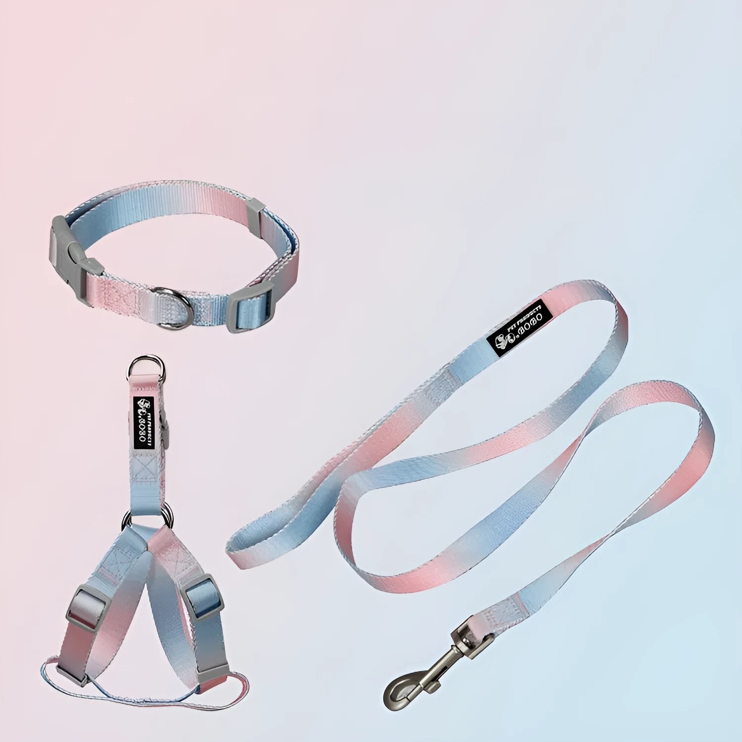 Nylon dog leash set with collar and harness in a pink and blue gradient colour.