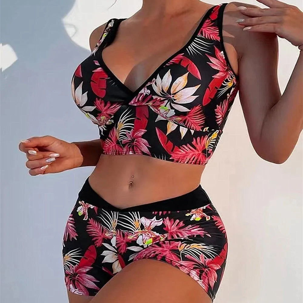 Women's two-piece printed swimsuit set with boxer briefs in multi-color design
