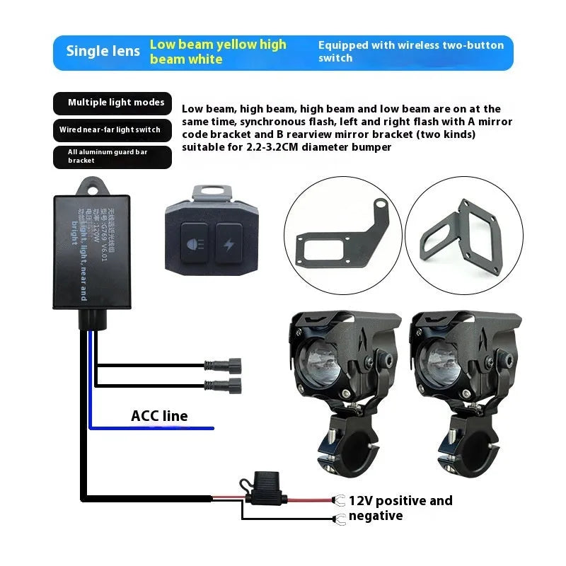 LED motorcycle spotlights with wireless remote control and mounting brackets