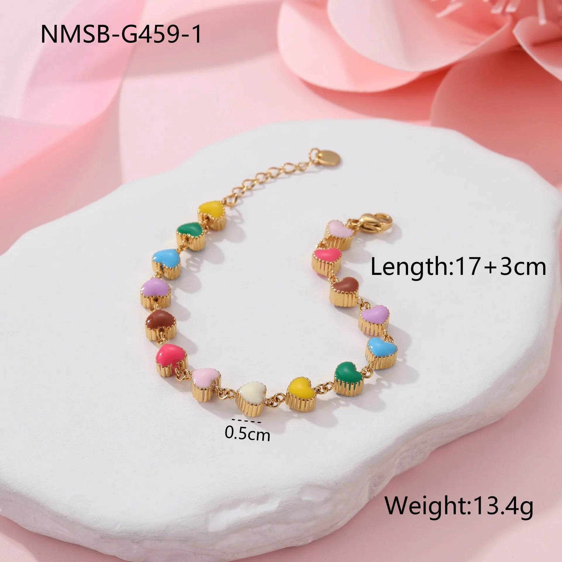 Women's titanium steel bracelet with love heart charm and colourful oil necklace pendant in gold and steel finishes