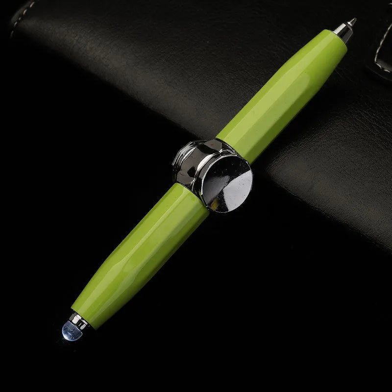 Metal gyro ballpoint pen with LED spinner, shown in multiple refill colour options.