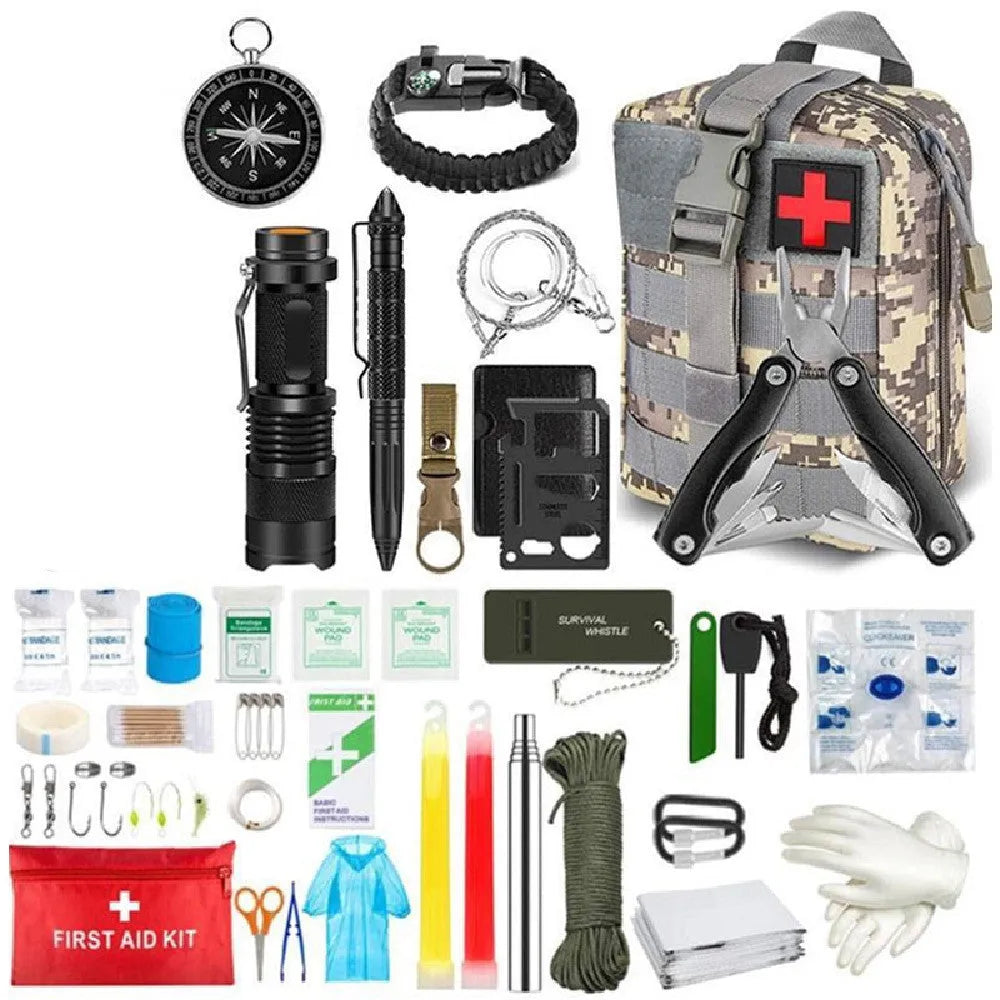 Standby self-defense first aid kit in black Oxford cloth bag with 42 survival and medical items displayed