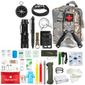Standby self-defense first aid kit in black Oxford cloth bag with 42 survival and medical items displayed