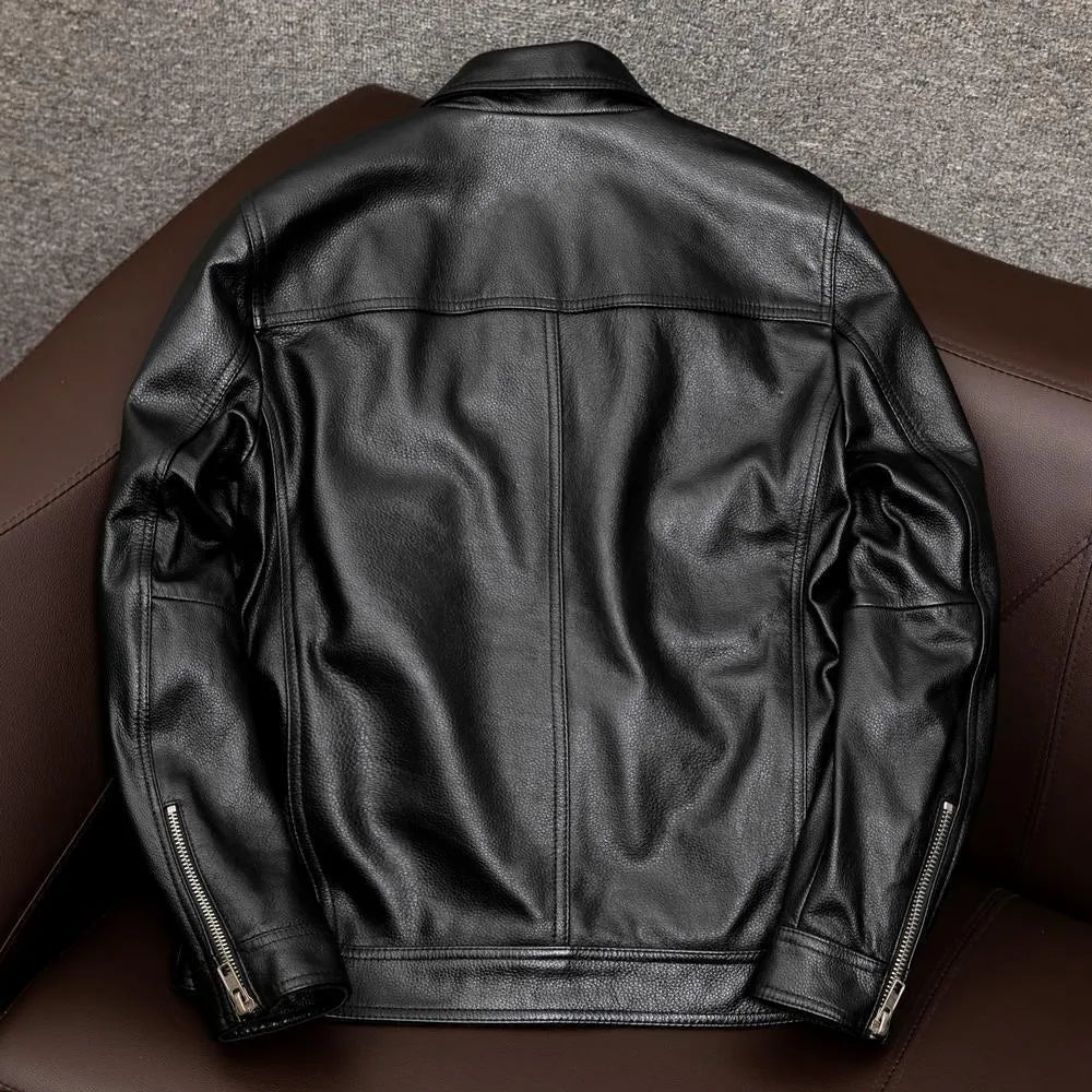 Plus size men's lapel short leather jacket in black or brown with side seam pockets