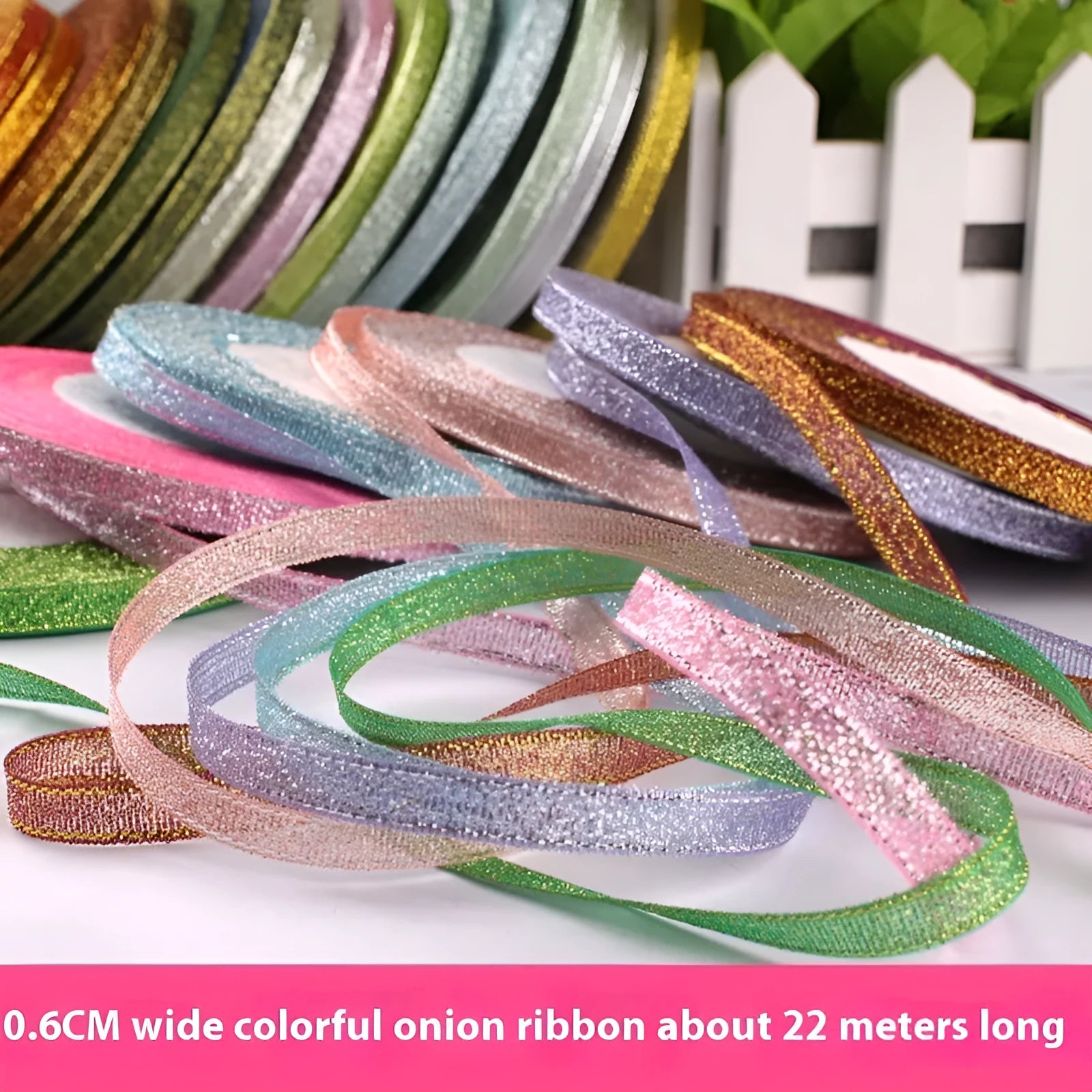 Roll of 0.6cm wide polyester gift ribbon in a choice of colours, with 22 metres per roll.