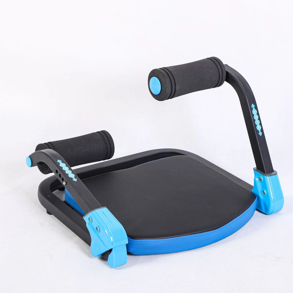 Sky blue and red mini multifunctional abdominal exercise device for home, office, and outdoor core workouts.