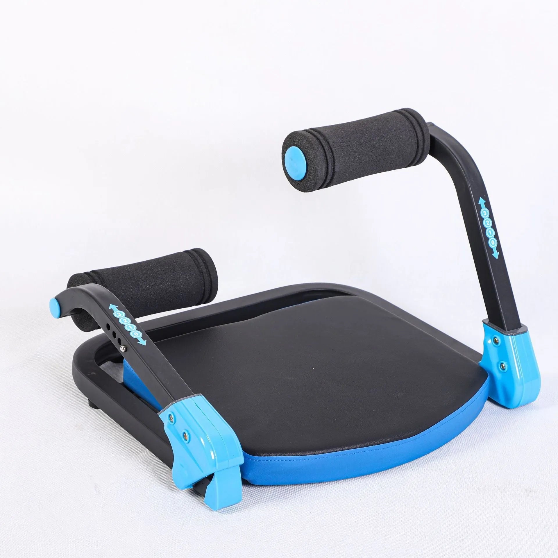 Sky blue and red mini multifunctional abdominal exercise device for home, office, and outdoor core workouts.