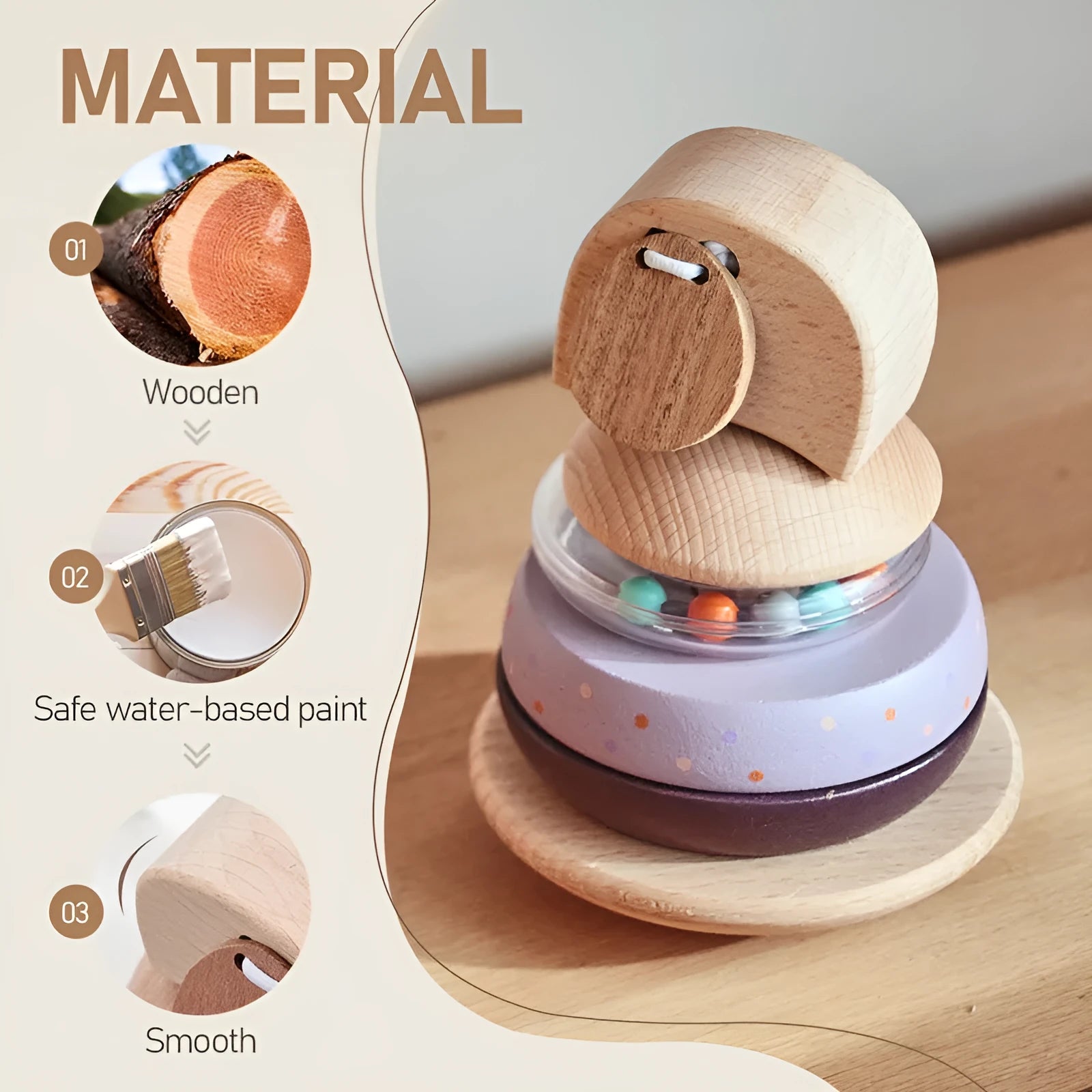 Wooden baby stacking post set with colourful shapes on a central post, packed in a cowhide box