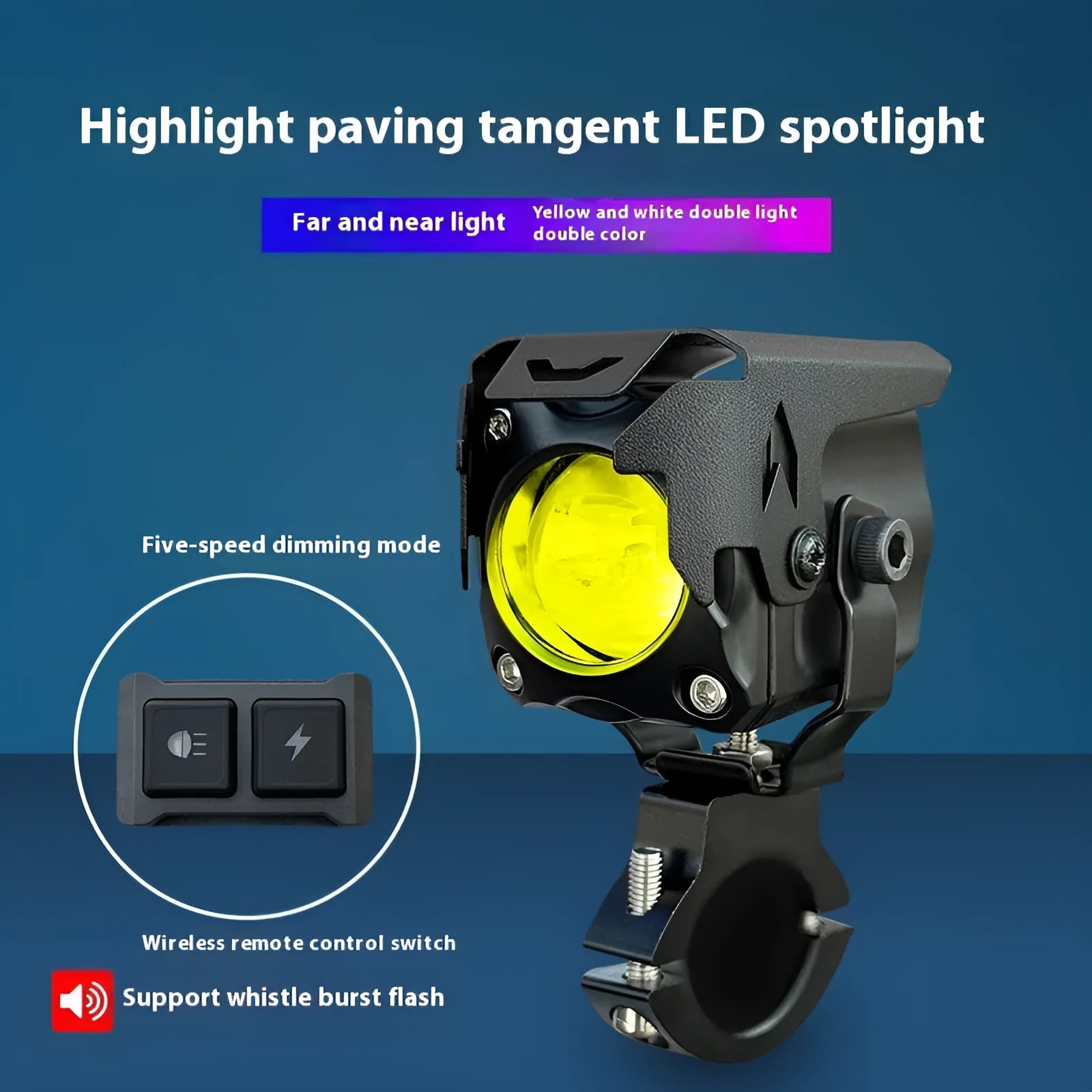 LED motorcycle spotlights with wireless remote control and mounting brackets