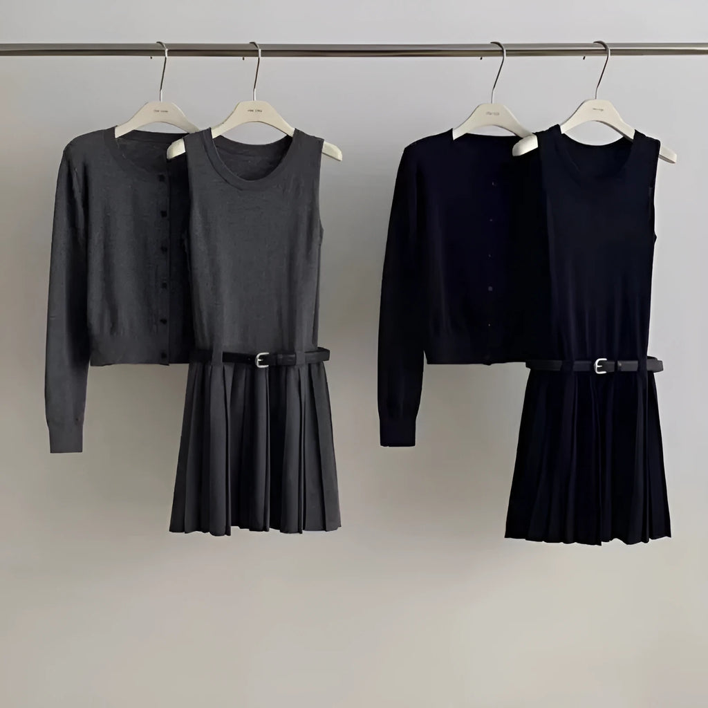 Grey art retro women's knitted cardigan and pleated vest skirt set with a waist belt.