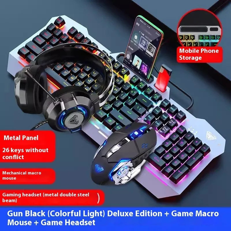 Black and white wired mechanical-feeling keyboard mouse headset bundles with RGB or blue backlighting