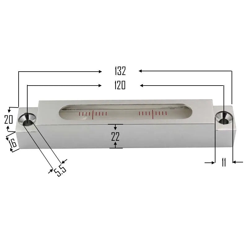 Mini metal and glass spirit level showing dual accuracy scales for precise measurement